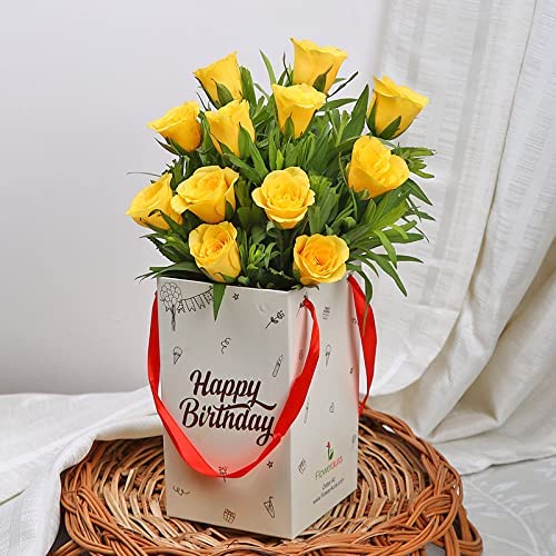 FlowerAura Fresh Live Flower Bouquet of 12 Yellow Roses Flowers In Birthday Box For Birthday Gift Gift For Girlfriend Boyfriend Colleagues Reatives Husband Wife Parents Same Day Delivery - Image 2