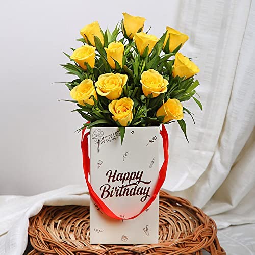 FlowerAura Fresh Live Flower Bouquet of 12 Yellow Roses Flowers In Birthday Box For Birthday Gift Gift For Girlfriend Boyfriend Colleagues Reatives Husband Wife Parents Same Day Delivery - Image 1