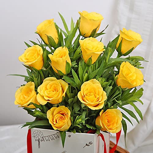 FlowerAura Fresh Live Flower Bouquet of 12 Yellow Roses Flowers In Birthday Box For Birthday Gift Gift For Girlfriend Boyfriend Colleagues Reatives Husband Wife Parents Same Day Delivery - Image 4