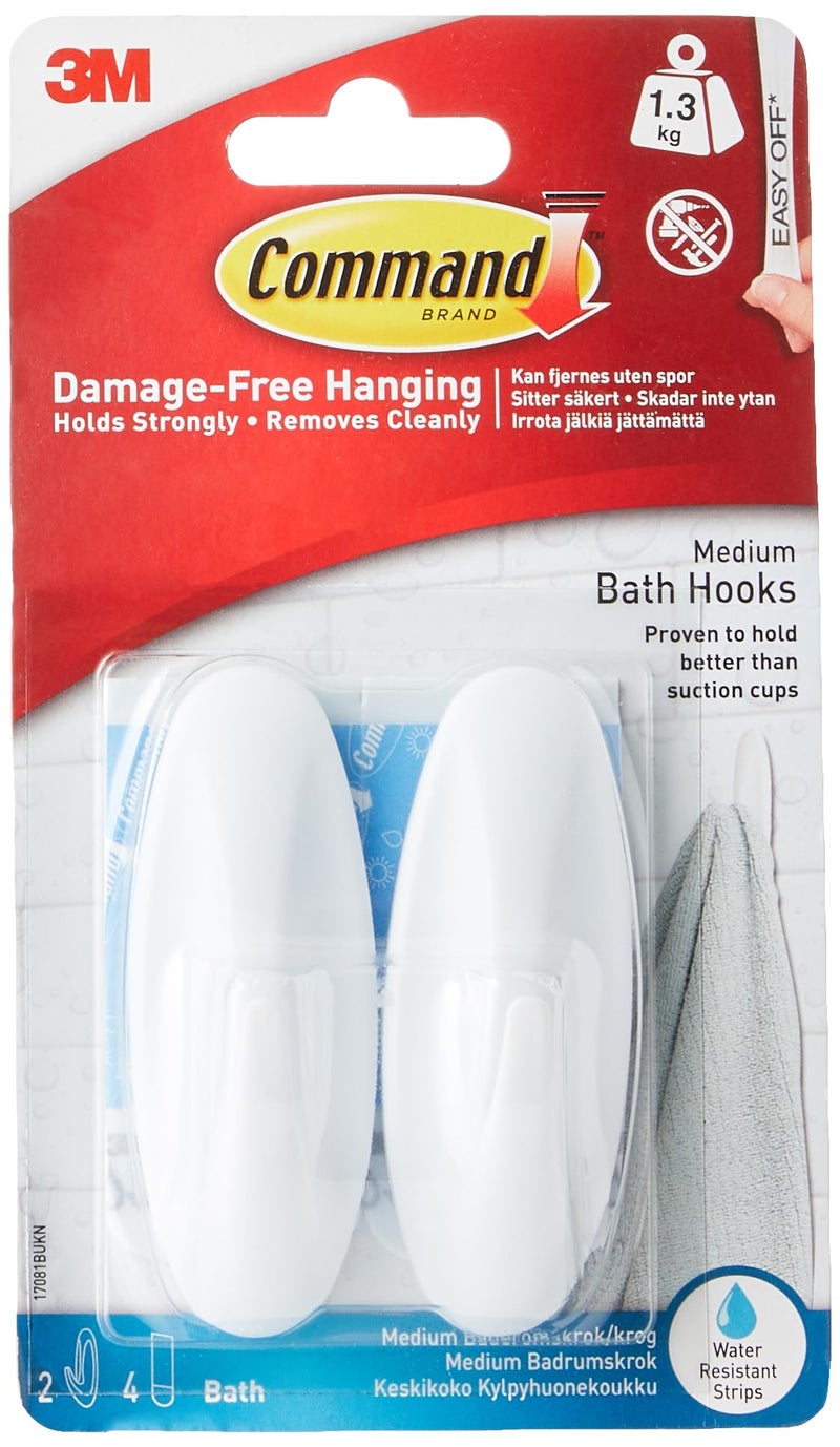 Command Designer Bath Hooks, Medium, White, 2-Hooks with Water-Resistant Strips (17081B-ES), Organize your dorm - Image 1