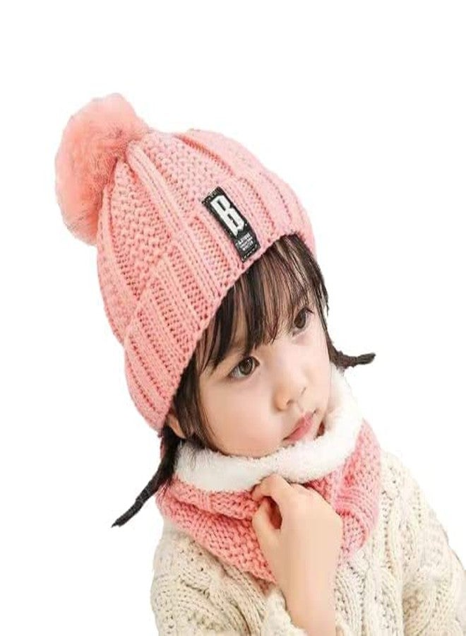 VINSON Stylish Kids Girl's/Boy's (>12 Years) Winter Woolen Warm and Snow Proof Soft Beanie Cap/Hat (Pompom) and Scarf Set (Fur Inside) Pack of 1 (Pink) - Image 1