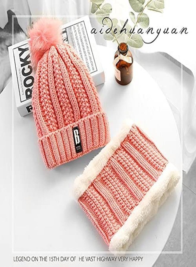 VINSON Stylish Kids Girl's/Boy's (>12 Years) Winter Woolen Warm and Snow Proof Soft Beanie Cap/Hat (Pompom) and Scarf Set (Fur Inside) Pack of 1 (Pink) - Image 2