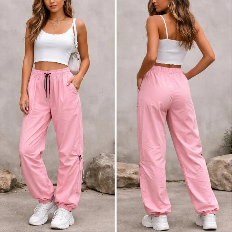 Women's High-Waisted Pink Cargo Pants with Drawstring Waist and Adjustable Cuffed Hem