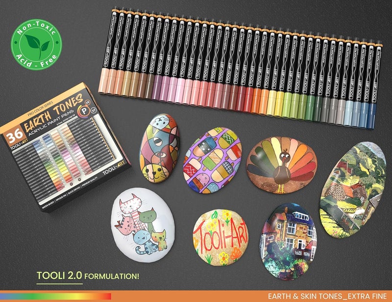 تولي-آرت مجموعة من ٣٦ قلمًا أكريليك بألوان البشرة والأرضيات الطبيعية، مناسبة للرسم على الصخور، والقماش، والأكواب، والزجاج، والبلاستيك، والخشب، والمعادن، والأقمشة، وقصاصات الجدران، ومعظم الأسطح. سريعة الجفاف، أساسها مائي (ناعم جدًا). - Image 2