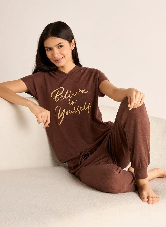 Splash FAV Slogan Print Hooded T-shirt and Elasticated Joggers Set