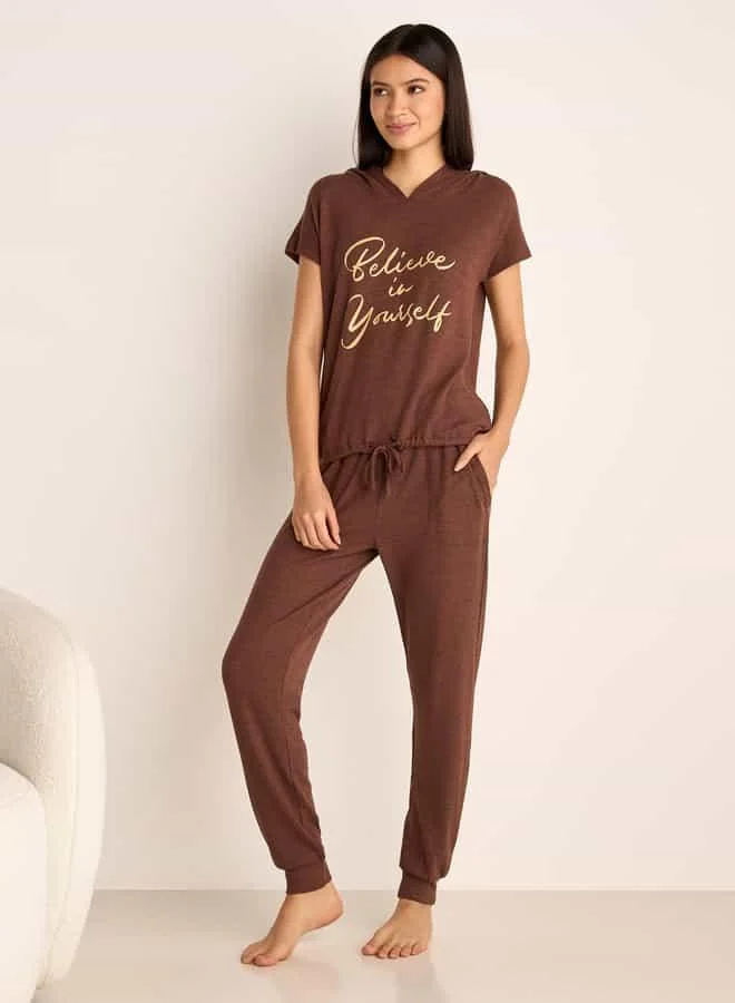 Splash FAV Slogan Print Hooded T-shirt and Elasticated Joggers Set