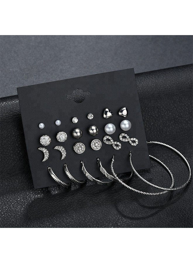 12 Pairs Hypoallergenic Fashion Stud Earrings Set for Women Large Ear Ring & Moon Ear Piercing Multi-Styles Earring Jewelry Silver - Image 2