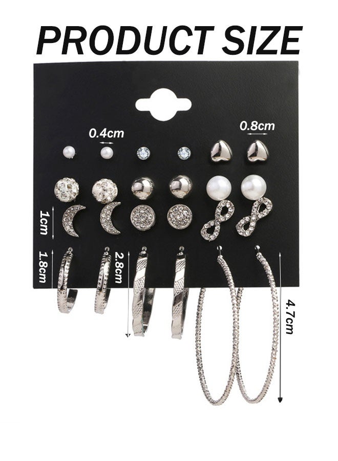 12 Pairs Hypoallergenic Fashion Stud Earrings Set for Women Large Ear Ring & Moon Ear Piercing Multi-Styles Earring Jewelry Silver - Image 4