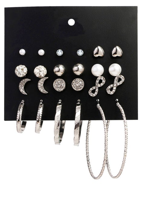 12 Pairs Hypoallergenic Fashion Stud Earrings Set for Women Large Ear Ring & Moon Ear Piercing Multi-Styles Earring Jewelry Silver
