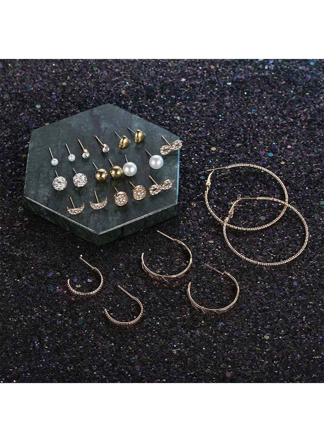 12 Pairs Hypoallergenic Fashion Stud Earrings Set for Women Large Ear Ring & Moon Ear Piercing Multi-Styles Earring Jewelry Silver - Image 3