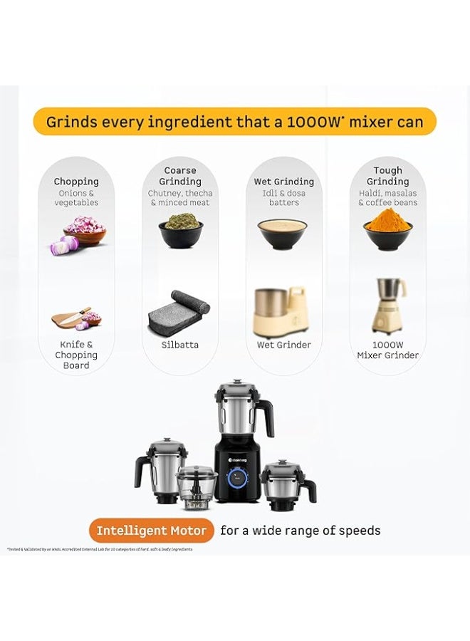 Atomberg Zenova Mixer Grinder | Unique Coarse Mode for Silbatta-like Texture | Intelligent BLDC Motor | Safety Features | 4 Jars including Chopper | Hands-Free Operation | Black - Image 1