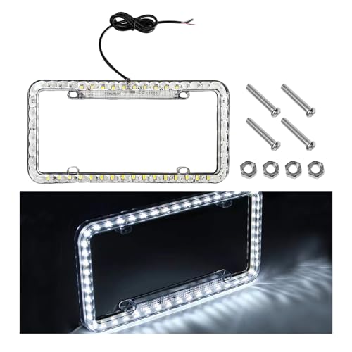 NYTKL 12V 48 LED Color Light License Plate Frame, Acrylic Plastic Licence Plate Cover with Bright LED Lights, Waterproof Car Tag Decor Front and Rear License Frame with Screws (White) - Image 1