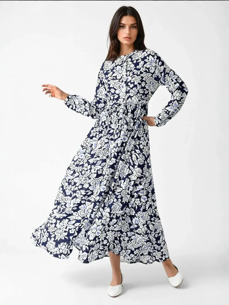 هيكاب فستان ماكسي مطبوع بياقة قميص