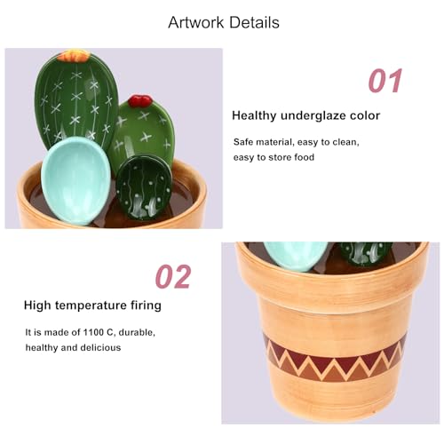 RDGDFONG 5 Pieces Measuring Spoons Set/Ceramics Spoons and Measuring Base Cup/for Dry and Liquid Ingredient, Cute Cactus Shape (Wave base) - Image 5