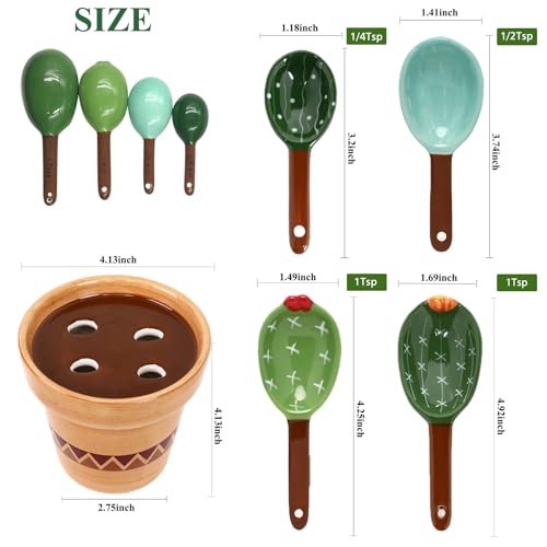 RDGDFONG 5 Pieces Measuring Spoons Set/Ceramics Spoons and Measuring Base Cup/for Dry and Liquid Ingredient, Cute Cactus Shape (Wave base) - Image 3