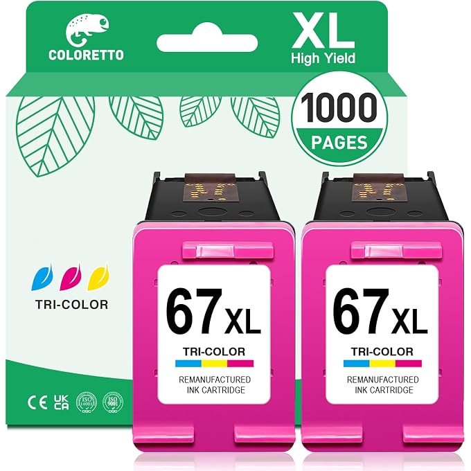 COLORETTO 67XL Remanufactured Ink Cartridge for Envy 6052 6065e 6452e 6455e 6458e DeskJet 2855e 2852e 2842e 2755e 2742e 2724e 2722e 4100 4132 4134 for Ink 67 XL 2 Pack Tri-Color