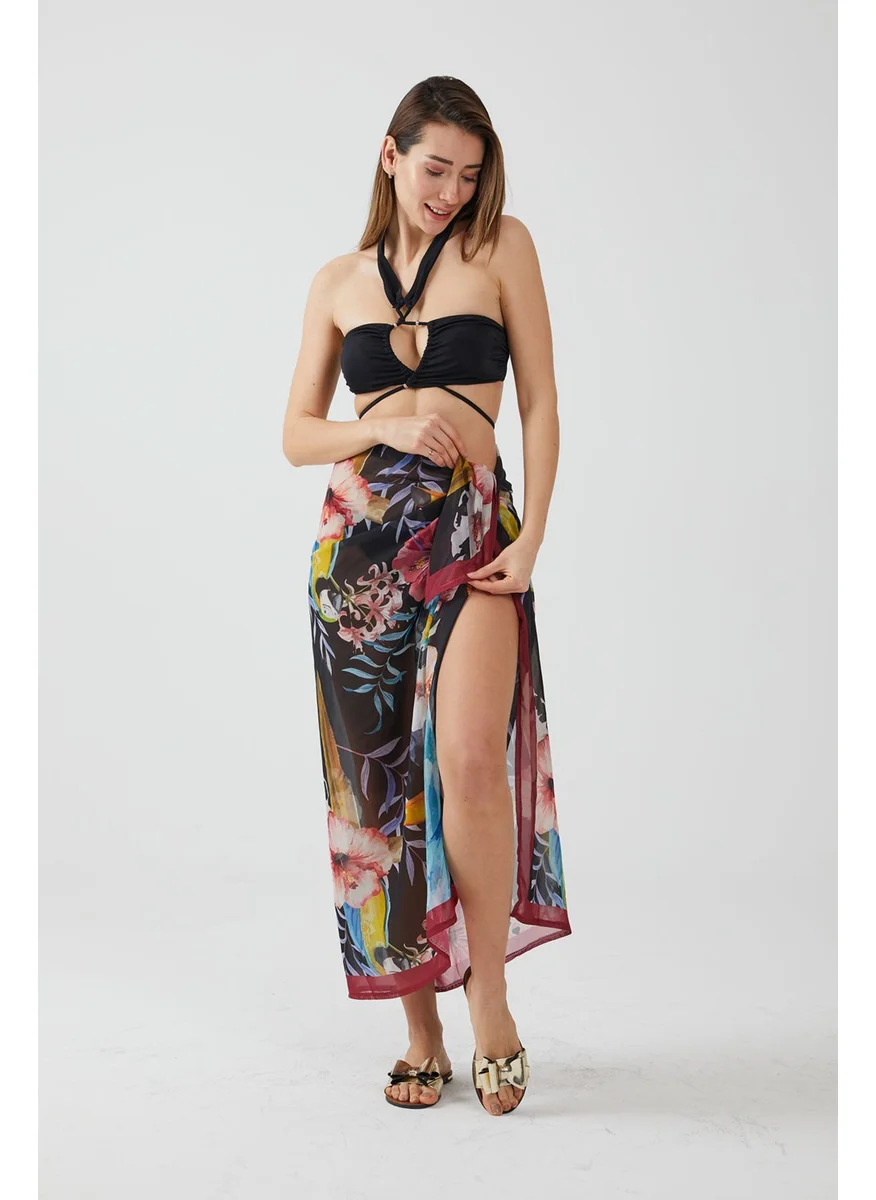 Ays Home Tropical Pattern Claret Red Pareo Beach Dress