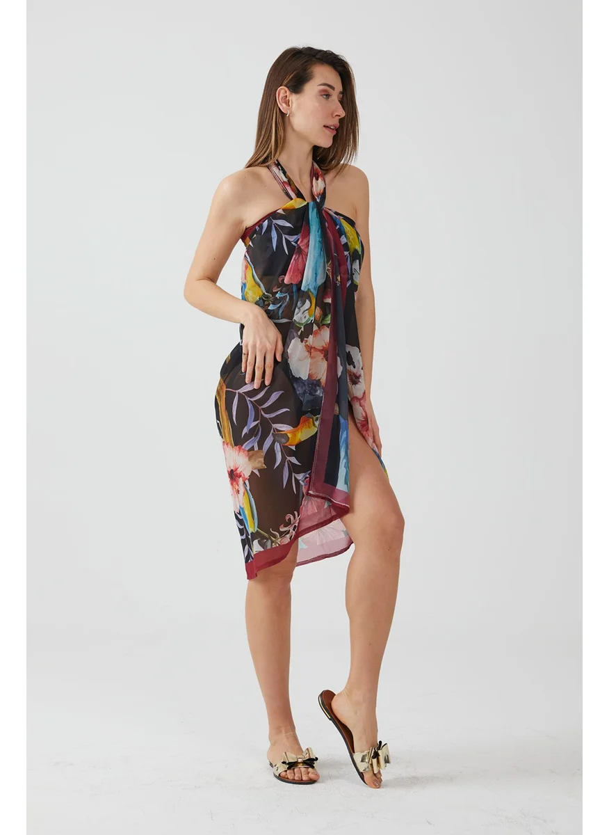 Ays Home Tropical Pattern Claret Red Pareo Beach Dress