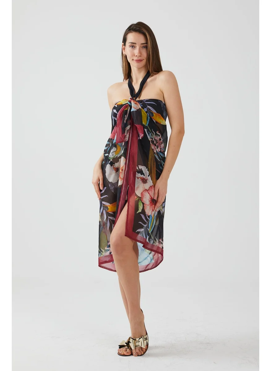 Ays Home Tropical Pattern Claret Red Pareo Beach Dress