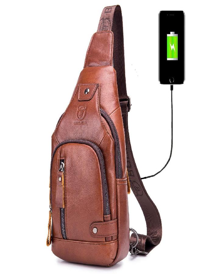 BULLCAPTAIN Genuine Leather Sling Bag with USB Charging Port Multi-pocket Chest Bag for Men Hiking Travel Daypack XB-129(Brown) - Image 1