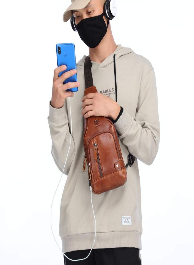 BULLCAPTAIN Genuine Leather Sling Bag with USB Charging Port Multi-pocket Chest Bag for Men Hiking Travel Daypack XB-129(Brown) - Image 5