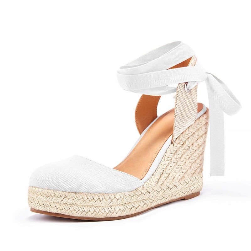 FISACE Womens Summer Lace Up Espadrilles Wedge Sandals Closed Toe Ankle Strap Platform Shoes - Image 1