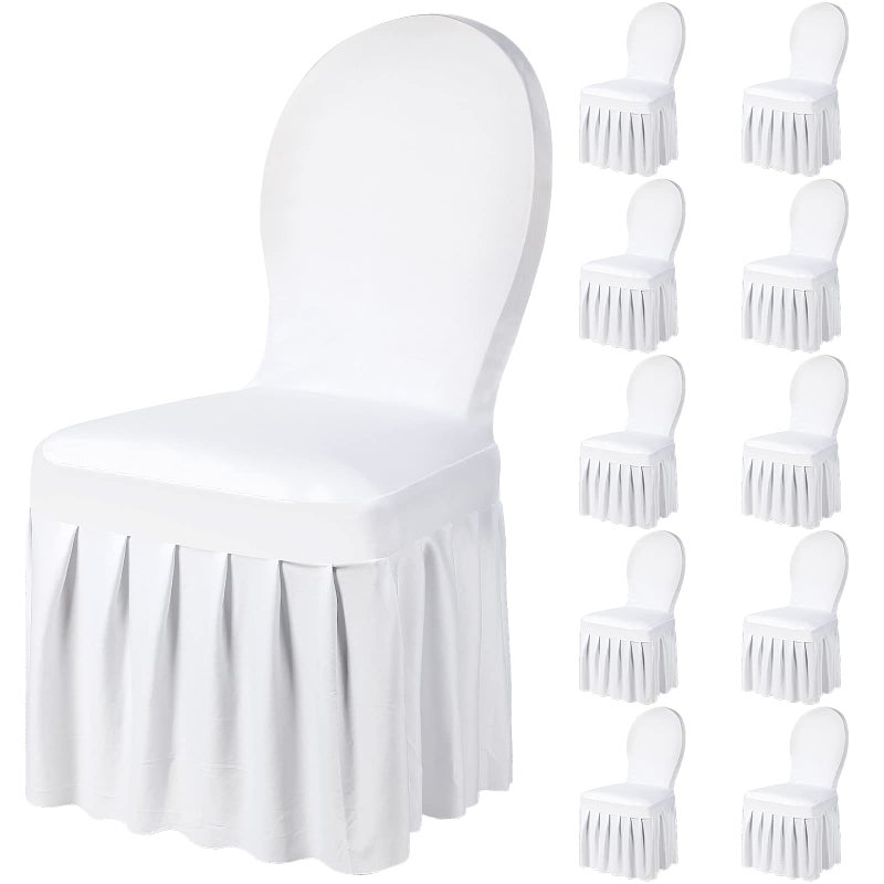 Oudain Oudain 10 Pcs White Chair Covers with Skirt Spandex Chair Slip Covers Wedding Long Stretch Protectors Removable and Washable for Dining Chairs Hotel and Wedding Ceremony