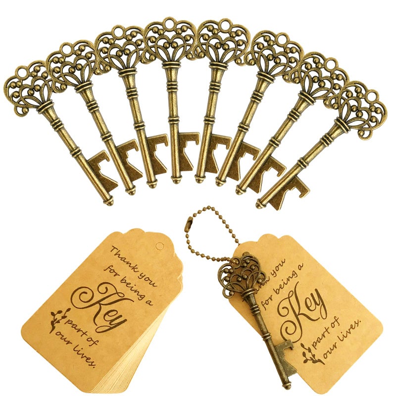 WODEGIFT 20 PCS Vintage Skeleton Key Bottle Opener with Escort Card Tag and Key Chains Rustic Decoration for Wedding Favorsbaby shower favors for guestsBronze