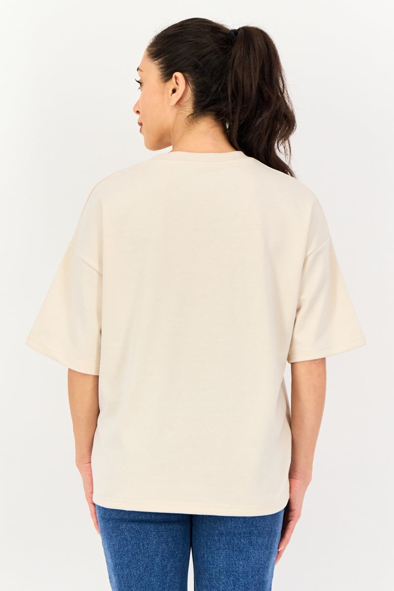 Core Elements Women Crew Neck Plain Short Sleeve T-Shirt, Beige - Image 3