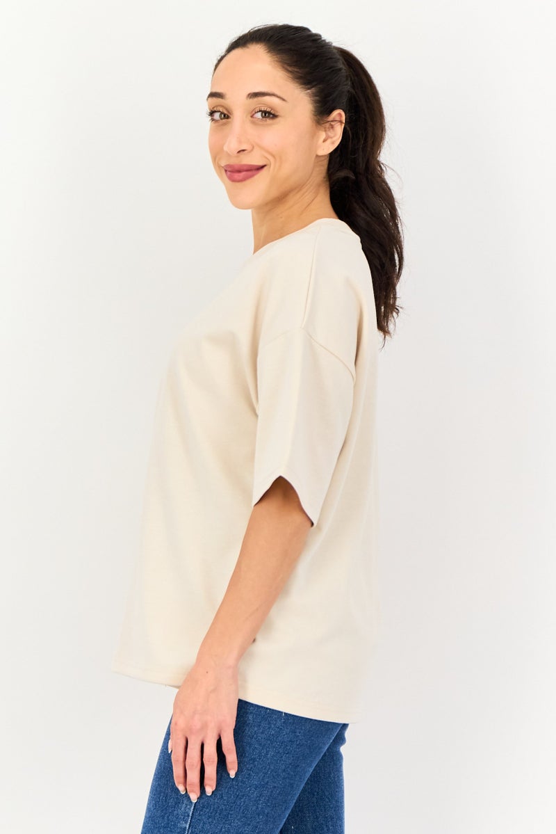 Core Elements Women Crew Neck Plain Short Sleeve T-Shirt, Beige - Image 4