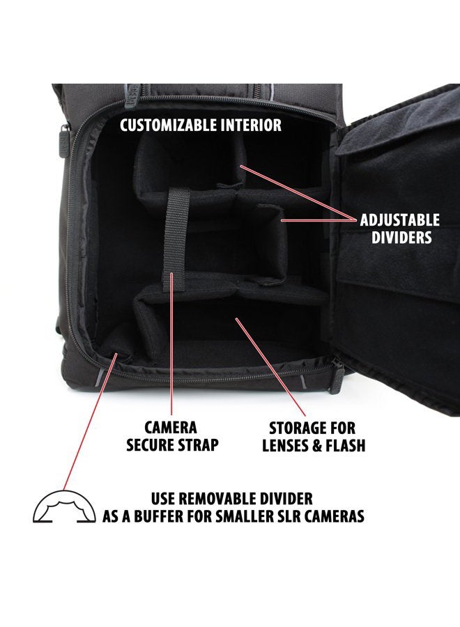 USA Gear حقيبة ظهر كاميرا رقمية DSLR مع تصميم مريح، غطاء مقاوم للماء، تخزين للكمبيوتر المحمول، حامل ثلاثي القوائم، تخزين عدسات قابل للتعديل - متوافقة مع الكاميرات الرقمية بحجم كامل - أسود - Image 4