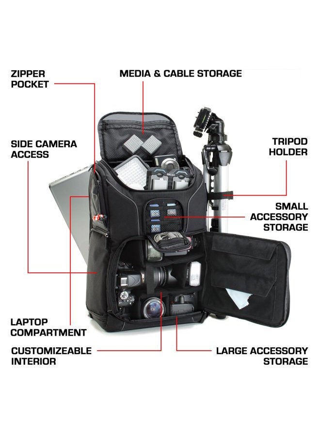 USA Gear حقيبة ظهر كاميرا رقمية DSLR مع تصميم مريح، غطاء مقاوم للماء، تخزين للكمبيوتر المحمول، حامل ثلاثي القوائم، تخزين عدسات قابل للتعديل - متوافقة مع الكاميرات الرقمية بحجم كامل - أسود - Image 2