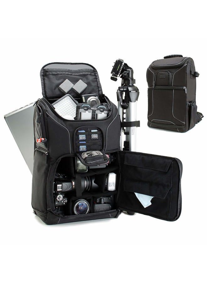 USA Gear حقيبة ظهر كاميرا رقمية DSLR مع تصميم مريح، غطاء مقاوم للماء، تخزين للكمبيوتر المحمول، حامل ثلاثي القوائم، تخزين عدسات قابل للتعديل - متوافقة مع الكاميرات الرقمية بحجم كامل - أسود - Image 1