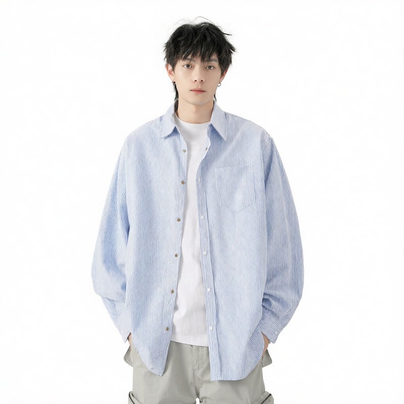 Men's Striped Long Sleeve Casual Shirt with Smile Embroidery - Image 1