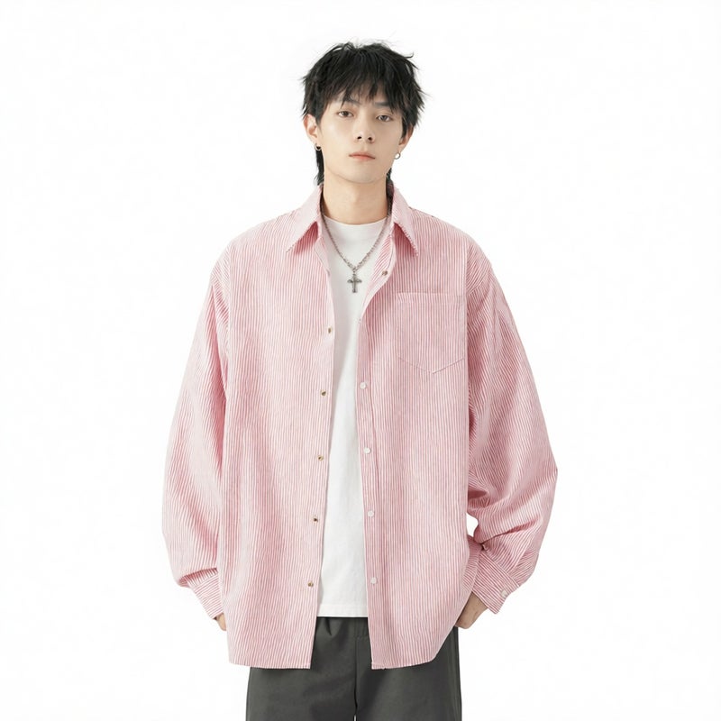 Men's Striped Long Sleeve Casual Shirt with Smile Embroidery - Image 2