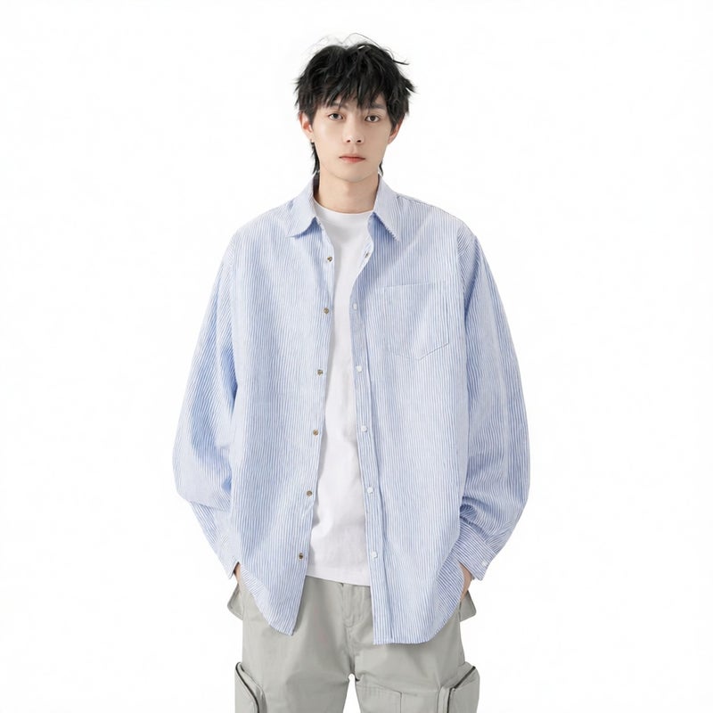 Men's Striped Long Sleeve Casual Shirt with Smile Embroidery - Image 3