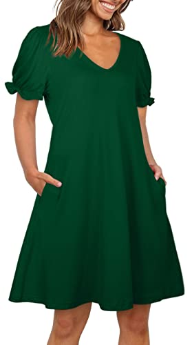 Aloodor Casual Tshirt Dresses for Women V Neck Short Sleeve Green Dress M - Image 3