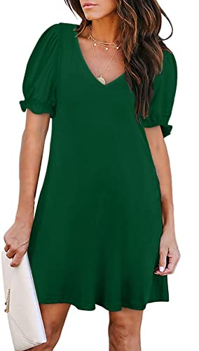 Aloodor Casual Tshirt Dresses for Women V Neck Short Sleeve Green Dress M - Image 5