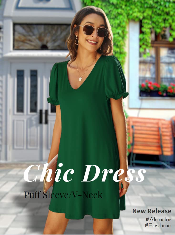 Aloodor Casual Tshirt Dresses for Women V Neck Short Sleeve Green Dress M - Image 2