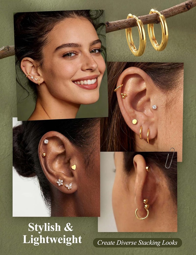 Jstyle Ear jewellery for sensitive ears, hypoallergenic surgical steel, 14K gold, flat back, women, men, small stainless steel stud ring, cartilage set, various piercings - Image 4