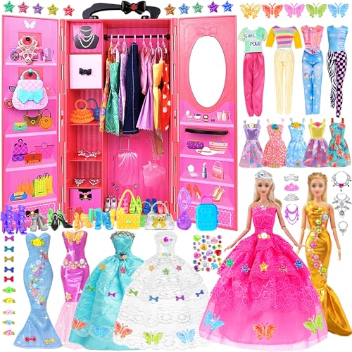 iBayda 139pcs 115inch Fashion Doll and Wardrobe Playset Wedding Dress Outfits Shoes Bags Necklace DIY Stickers Accessories - Image 1