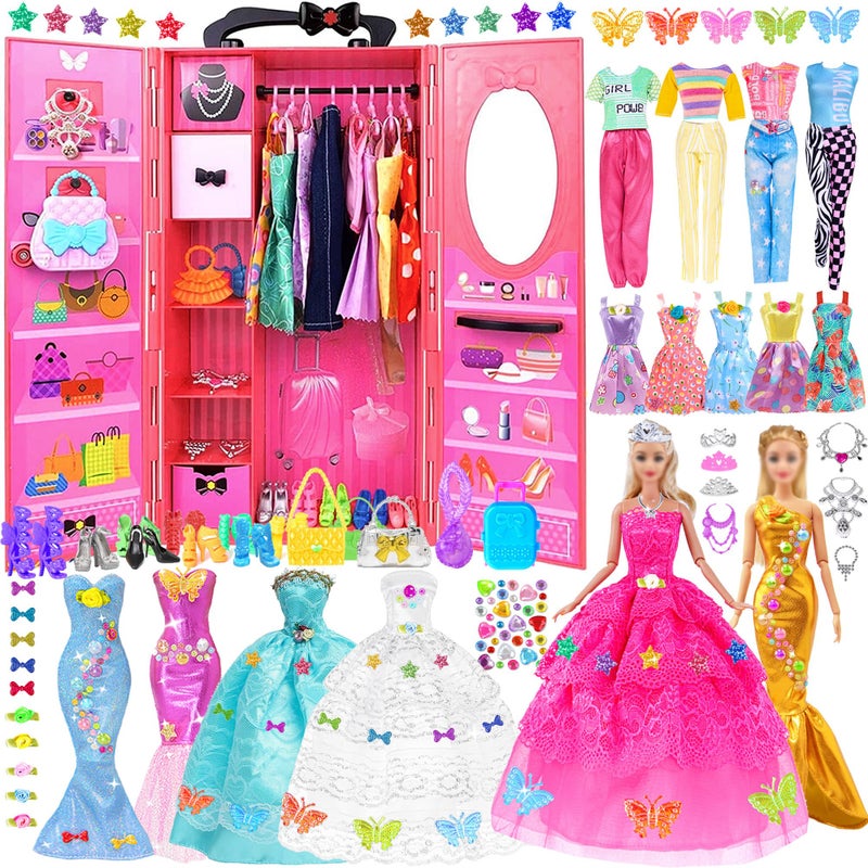 iBayda 139pcs 115inch Fashion Doll and Wardrobe Playset Wedding Dress Outfits Shoes Bags Necklace DIY Stickers Accessories - Image 2