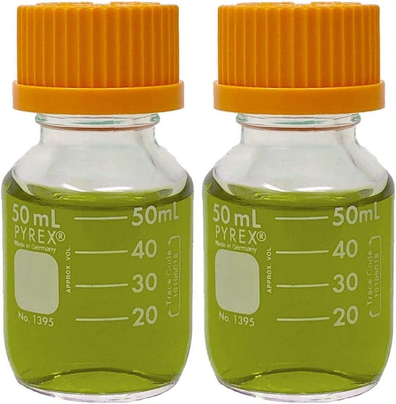 زجاجات تخزين وسائل دائرية PYREX #1395-50 سعة 50 مل، مع غطاء لولبي GL32 (عبوة من 2)