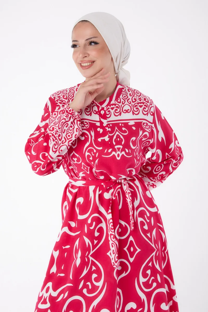 Tofisa Plain Judge Collar Women's Fuchsia Patterned Belted Dress - 26014
