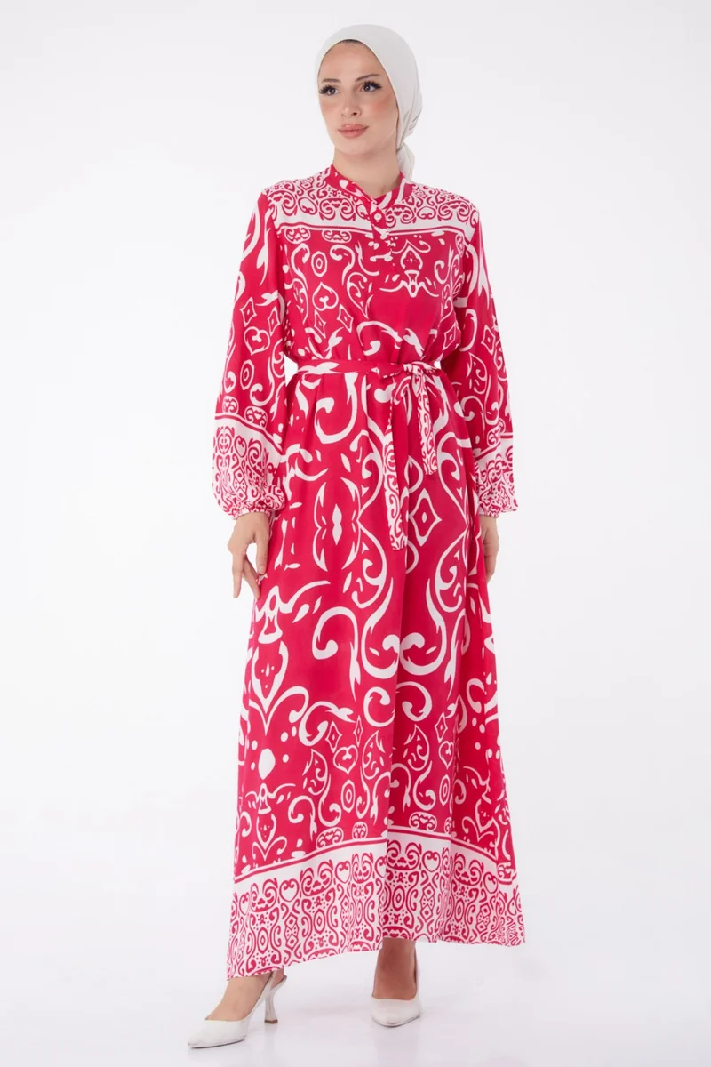 Tofisa Plain Judge Collar Women's Fuchsia Patterned Belted Dress - 26014