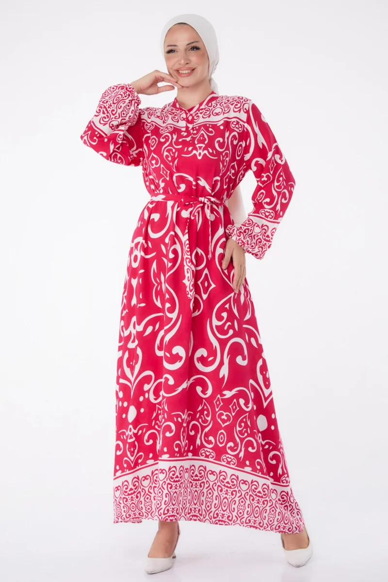 Tofisa Plain Judge Collar Women's Fuchsia Patterned Belted Dress - 26014