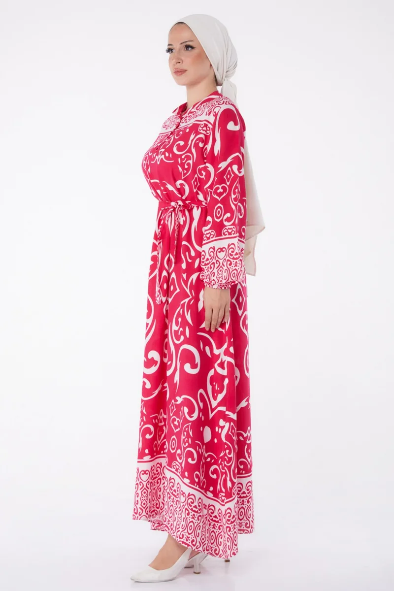 Tofisa Plain Judge Collar Women's Fuchsia Patterned Belted Dress - 26014