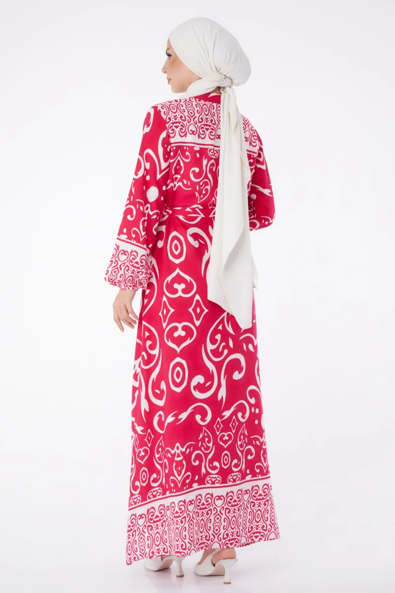 Tofisa Plain Judge Collar Women's Fuchsia Patterned Belted Dress - 26014