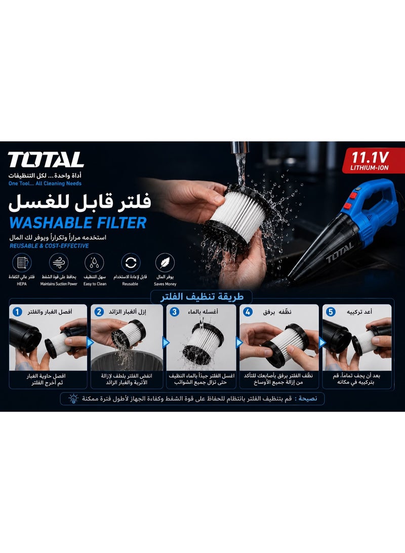توتال مكنسة كهربائية محمولة لاسلكية توتال 11.1 فولت، قوة شفط 7 كيلو باسكال، شحن USB-C، فلتر HEPA قابل للغسل للسيارة والمنزل - Image 4