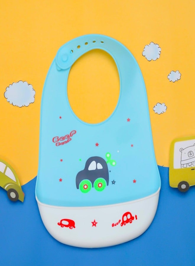 Yellow Bee Silicone Car Print Bib with Crumb Catcher and Adjustable Closure for Boys, Blue, 6-36 Months - Image 2